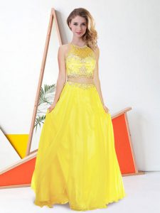 Amazing Yellow Two Pieces Scoop Sleeveless Chiffon Floor Length Zipper Beading Prom Party Dress
