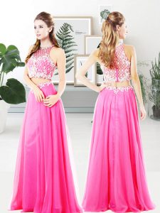 Hot Sale Hot Pink Sleeveless Floor Length Beading and Appliques Zipper Prom Dresses