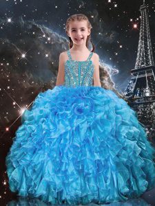 Modern Baby Blue Ball Gowns Beading and Ruffles Girls Pageant Dresses Lace Up Organza Sleeveless Floor Length