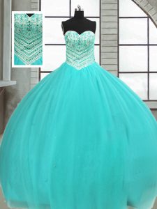 Ball Gowns 15th Birthday Dress Turquoise Sweetheart Tulle Sleeveless Floor Length Lace Up
