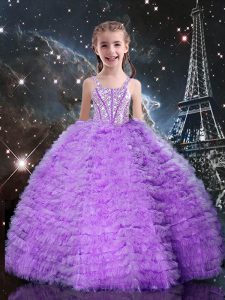 Sweet Eggplant Purple Straps Lace Up Beading and Ruffles and Ruffled Layers Pageant Gowns For Girls Sleeveless