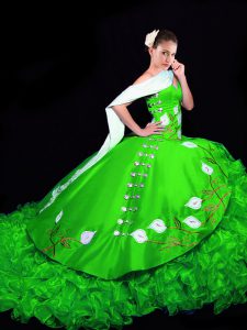Modern Embroidery and Ruffles 15th Birthday Dress Green Lace Up Sleeveless Brush Train
