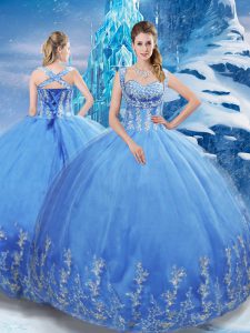 Extravagant Baby Blue Lace Up Ball Gown Prom Dress Beading and Appliques Sleeveless Floor Length