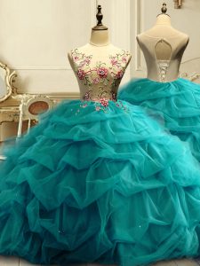 Luxurious Floor Length Lace Up Quince Ball Gowns Teal for Military Ball and Sweet 16 and Quinceanera with Appliques and 