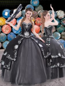 Lovely Black Satin and Tulle Lace Up Sweetheart Sleeveless Floor Length Quinceanera Gowns Appliques and Ruffled Layers