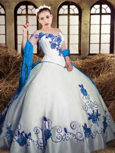 White Ball Gown Prom Dress Military Ball and Sweet 16 and Quinceanera with Embroidery Sweetheart Sleeveless Lace Up