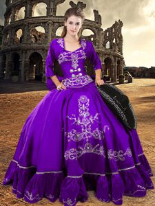 Excellent Ball Gowns Sweet 16 Quinceanera Dress Eggplant Purple V-neck Taffeta 3 4 Length Sleeve Floor Length Lace Up