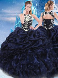 Floor Length Lace Up 15 Quinceanera Dress Navy Blue for Military Ball and Sweet 16 and Quinceanera with Appliques and Ru
