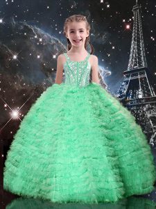 Apple Green Sleeveless Floor Length Beading and Ruffled Layers Lace Up Pageant Gowns For Girls