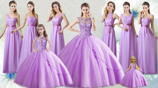 Sleeveless Tulle Floor Length Lace Up Wedding Gowns in Lilac with Beading