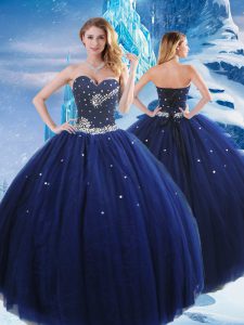 Navy Blue Ball Gowns Sweetheart Sleeveless Tulle Floor Length Lace Up Beading Quinceanera Dresses