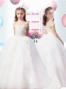 Custom Design Tulle Short Sleeves Pageant Dresses Brush Train and Beading and Appliques
