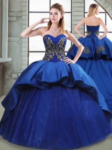 Blue Sleeveless Beading and Appliques and Embroidery Lace Up Quince Ball Gowns