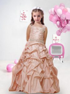 Floor Length Peach Pageant Gowns For Girls Taffeta Sleeveless Beading and Pick Ups