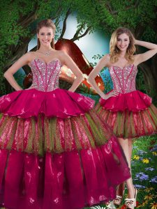 Burgundy Lace Up Sweetheart Beading and Ruffled Layers Quince Ball Gowns Organza Sleeveless