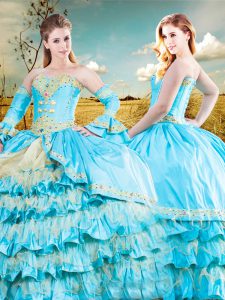 Customized Baby Blue Lace Up Quince Ball Gowns Beading and Ruffled Layers Sleeveless Floor Length