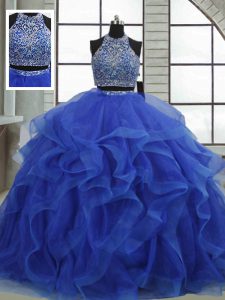 Halter Top Sleeveless Lace Up 15th Birthday Dress Royal Blue Organza