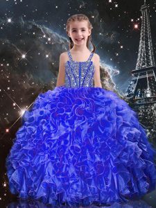 Beautiful Royal Blue Sleeveless Floor Length Beading and Ruffles Lace Up Girls Pageant Dresses