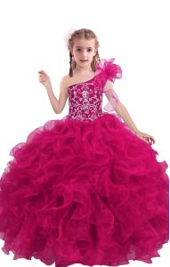 Fuchsia Lace Up Pageant Dress Womens Beading and Ruffles Sleeveless Floor Length