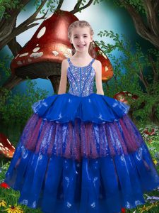 Blue Ball Gowns Organza Straps Sleeveless Beading and Ruffled Layers Floor Length Lace Up Pageant Gowns For Girls