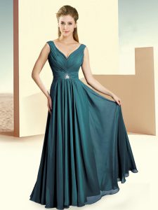Hot Sale Peacock Green Sleeveless Floor Length Beading Zipper Bridesmaid Dresses