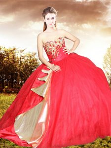 Excellent Coral Red Lace Up Sweetheart Beading Vestidos de Quinceanera Tulle Sleeveless