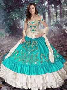 Colorful Embroidery and Ruffled Layers Quince Ball Gowns Blue And White Lace Up Sleeveless Floor Length