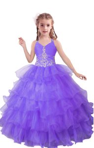 Latest Lilac V-neck Neckline Beading and Ruffled Layers Little Girl Pageant Dress Sleeveless Zipper