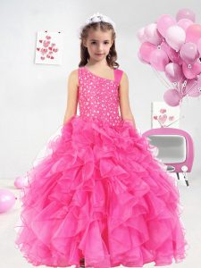 Ball Gowns Little Girls Pageant Gowns Hot Pink Asymmetric Organza Sleeveless Floor Length Lace Up