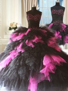 Deluxe Three Pieces Sweet 16 Dresses Pink And Black Sweetheart Tulle Sleeveless Floor Length Lace Up