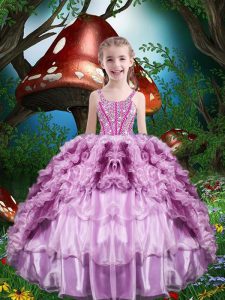 Ball Gowns Little Girl Pageant Gowns Lilac Straps Organza Sleeveless Floor Length Lace Up