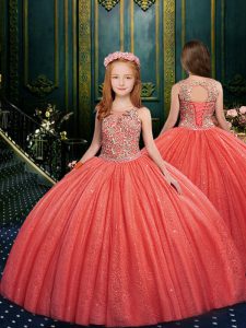 Best Sleeveless Floor Length Appliques Lace Up Little Girls Pageant Gowns with Watermelon Red