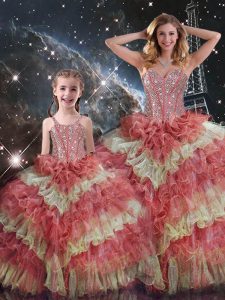 Sleeveless Floor Length Beading and Ruffled Layers and Sequins Lace Up Sweet 16 Dresses with Multi-color