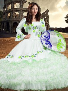 Floor Length White Quinceanera Gowns Square Long Sleeves Lace Up