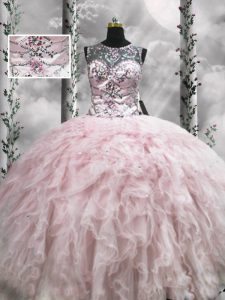 Floor Length Ball Gowns Sleeveless Pink Quinceanera Dresses Zipper