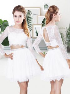 Luxury Beading and Lace Prom Party Dress White Zipper Long Sleeves Mini Length