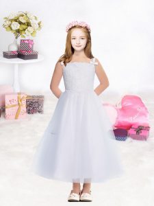 A-line Toddler Flower Girl Dress White Straps Tulle Sleeveless Tea Length Zipper
