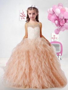 Excellent Peach Girls Pageant Dresses Quinceanera and Wedding Party with Beading and Appliques Square Sleeveless Lace Up