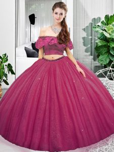 Fuchsia Sleeveless Lace and Ruching Floor Length Sweet 16 Dresses