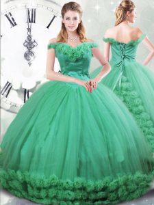 Enchanting Sleeveless Brush Train Hand Made Flower Lace Up Quinceanera Dress