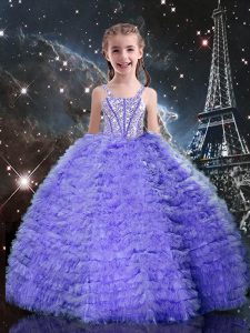 Custom Fit Lavender Tulle Lace Up Straps Short Sleeves Floor Length Little Girls Pageant Dress Beading and Ruffled Layer