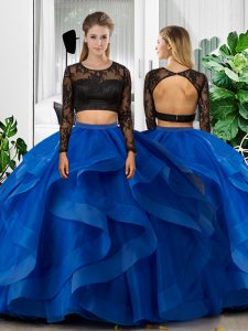 Smart Blue Two Pieces Tulle Scoop Long Sleeves Lace and Ruffles Floor Length Backless Quinceanera Dresses
