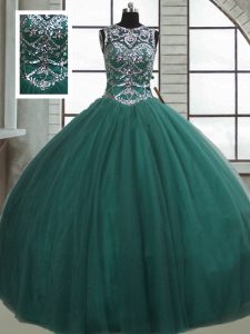 Customized Dark Green Ball Gowns Beading 15th Birthday Dress Lace Up Tulle Sleeveless Floor Length
