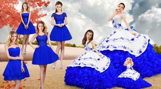 Fancy Organza Strapless Sleeveless Brush Train Lace Up Embroidery and Ruffles Ball Gown Prom Dress in Royal Blue