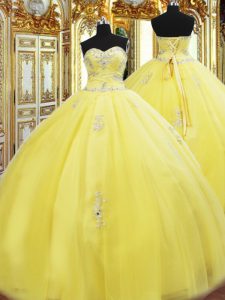 Yellow Ball Gowns Beading and Appliques Sweet 16 Dress Lace Up Tulle Sleeveless Floor Length
