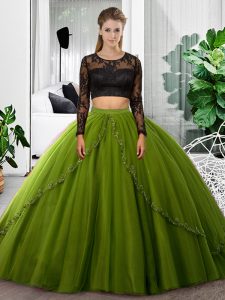 Scoop Long Sleeves Quince Ball Gowns Floor Length Lace and Ruching Olive Green Tulle
