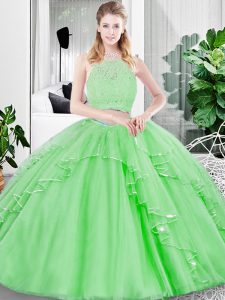 Glittering Two Pieces Tulle Scoop Sleeveless Lace and Ruffled Layers Floor Length Zipper Vestidos de Quinceanera