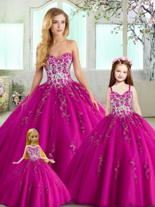 Designer Tulle Sweetheart Sleeveless Lace Up Appliques and Embroidery Quinceanera Gown in Fuchsia
