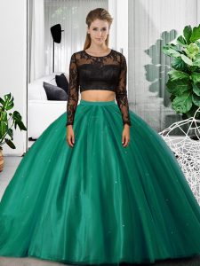 Long Sleeves Floor Length Lace and Ruching Backless Quince Ball Gowns with Dark Green