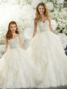 Attractive Sleeveless Organza Floor Length Lace Up Wedding Dress in White with Beading and Ruffles